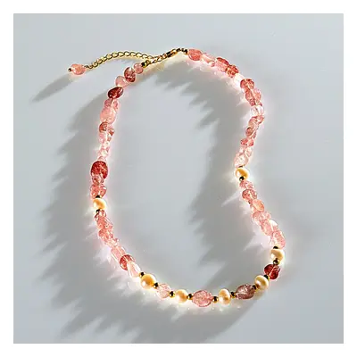 Naszyjnik z kwarcem truskawkowym i perłami słodkowodnymi, dł. 45 cm, + 5 cm przedłużenia