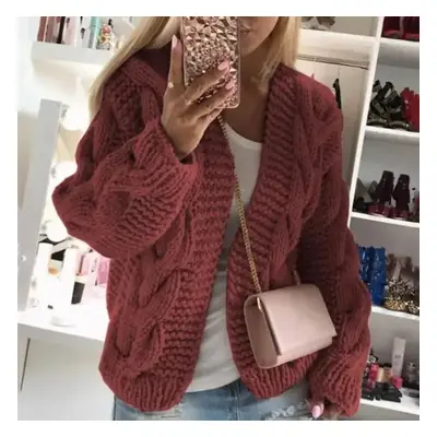 Modny ażurowy sweter damski w jednolitym kolorze - Malinowy L