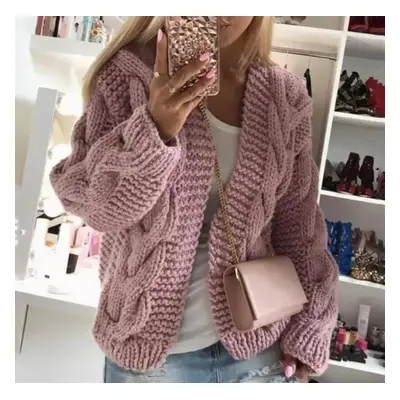 Modny ażurowy sweter damski w jednolitym kolorze - Różowy XL