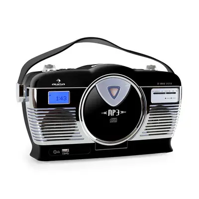 Auna RCD-70BL, retro rádio, FM, USB, CD, MP3, batéria, čierne