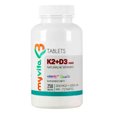 Witamina K2 K-2 MK-7 K2MK7 MAX 200mcg + D3 D-3 2000IU 250 tabletek MyVita