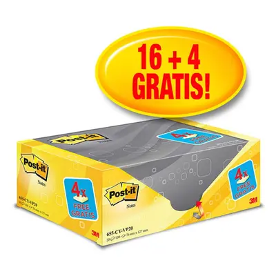 Bloczek samoprzylepny POST-IT® (655CY-VP20), 127x76mm, (16+4)x100 kart., żółte, 4 bloczki GRATIS