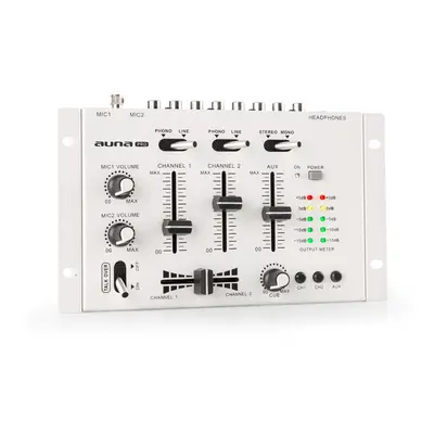 Auna Pro TMX-2211, MKII, DJ-Mixer, 3/2 kanálov, crossfader, talkover, montáž na rack, biely