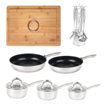 Russell Hobbs 5pc Pan Set with 6pc Stainless Steel Utensil Set and Bamboo Chopping Board