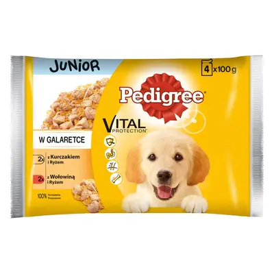 Pedigree Junior z kurczakiem i ryżem z wołowiną i ryżem Karma pełnoporcjowa 4 x 100 g