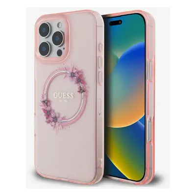 Guess IML Flowers Ring MagSafe Zadní Kryt pro iPhone Pro Pink Etui na telefon Fioletowy