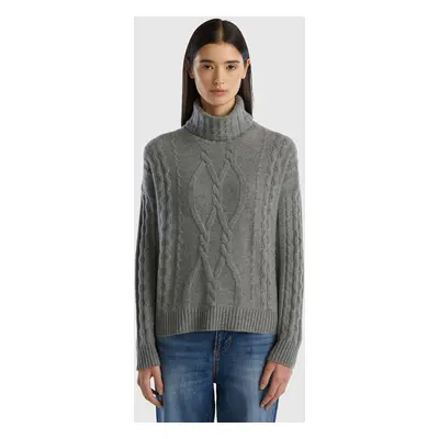 Benetton, Pure Cashmere Turtleneck With Cable Knit, size XS, Dark Gray, Women