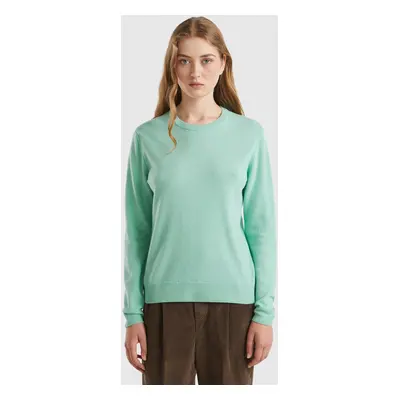 Benetton, Light Teal Crew Neck Sweater In Pure Merino Wool, size XS, Aqua, Women