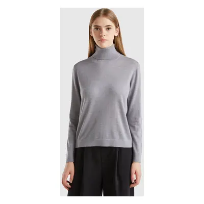 Benetton, Turtleneck In Pure Merino Wool, size XS, Light Gray, Women