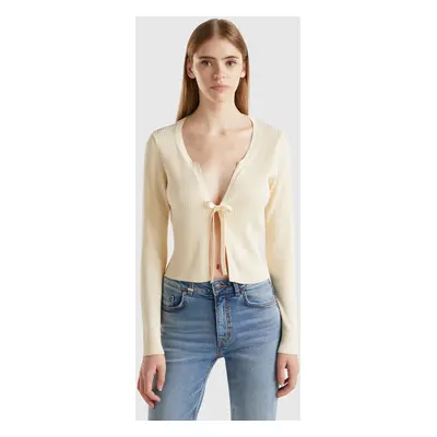 Benetton, Cropped Cardigan With Laces, size XL, Creamy White, Women