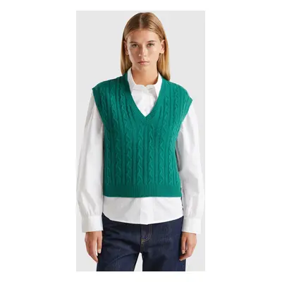 Benetton, Boxy Fit Vest With Cable Knit And Perforations, size XS, Dark Green, Women