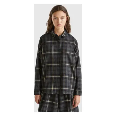 Benetton, Tartan Check Wool Blend Shirt, size XXS, Dark Gray, Women