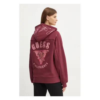 Guess bluza damska kolor bordowy z kapturem z aplikacją W4BQ05 KBY51