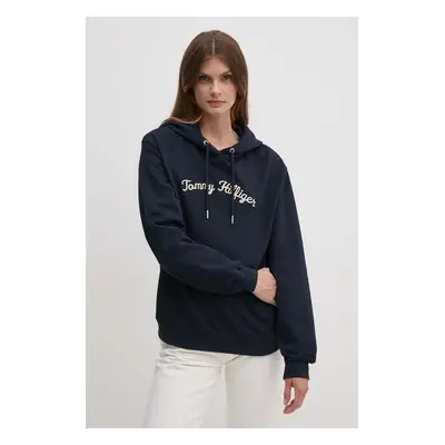 Tommy Hilfiger bluza bawełniana damska kolor granatowy z kapturem z aplikacją WW0WW42612