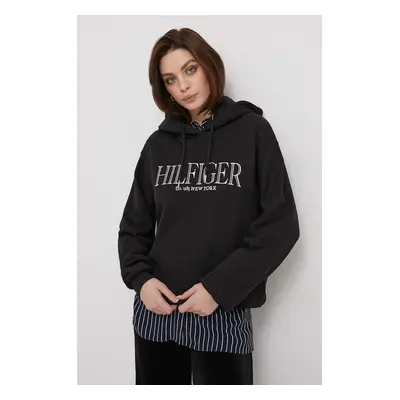 Tommy Hilfiger bluza bawełniana damska kolor czarny z kapturem z aplikacją WW0WW41042