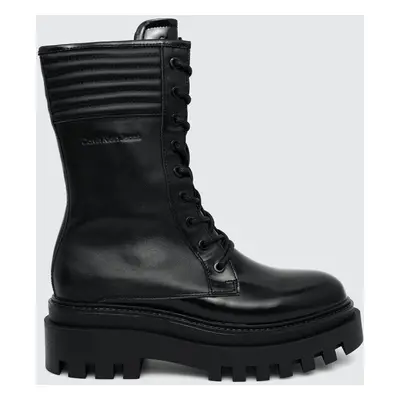 Calvin Klein Jeans workery FLATFORM KNEE BOOT LACEUP LTH WN damskie kolor czarny na platformie Y