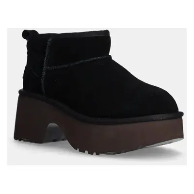 UGG botki zamszowe Classic Ultra Mini New Heights damskie kolor czarny na słupku ocieplone 11583