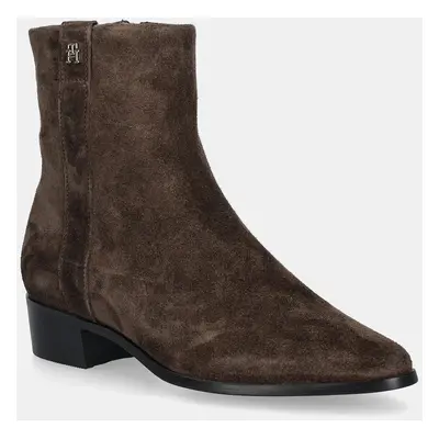 Tommy Hilfiger botki zamszowe TH SUEDE POINTY ZIP BOOTIE damskie kolor brązowy na słupku FW0FW08