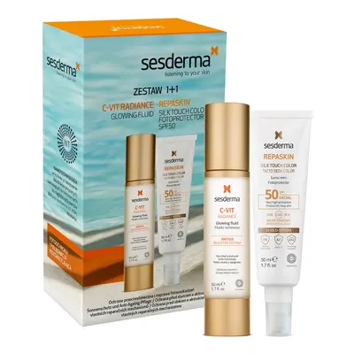 Sesderma ZESTAW C-VIT Radiance krem rozświetlający + REPASKIN Silk touch color facial SPF50 Zest