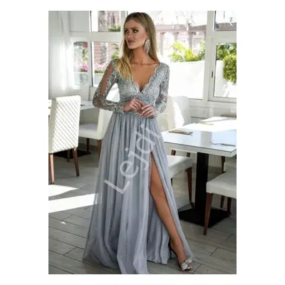 Długa szara tiulowa sukienka dla druhny, na studniówkę, na wesele, Adel