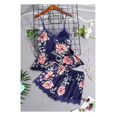 Satynowy granatowy komplet bielizny damskiej  w kwiaty