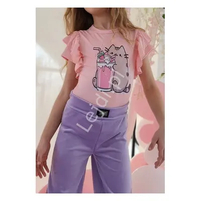 Bluzka prążek z kotem Pusheen shake dla dziewczynki jasny róż