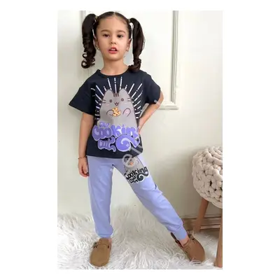 Komplet dresowy dla dziewczynki koszulka i spodnie, niebieskie dresyz kotem Pusheen