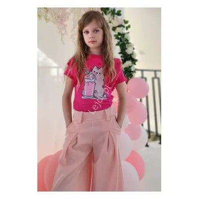 Bluzka prążek z kotem Pusheen shake dla dziewczynki ciemny różowy