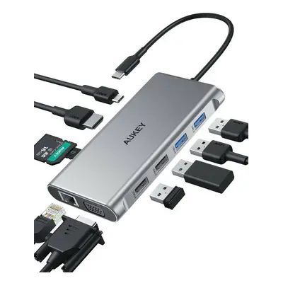 AUKEY CB-C89 aluminiowy Hub USB-C | 10w1 | RJ45 Ethernet 10/100/1000Mbps | 4xUSB | HDMI 4k@30Hz 