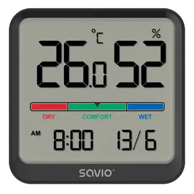 Savio Czujnik temperatury i wilgotności, do użytku wewnętrznego, ekran LCD, zegar, data, uchwyt 