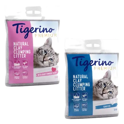 Pakiet mieszany Tigerino Premium, 2 x 12 kg - Zapach pudru dziecięcego + żwirek nieperfumowany