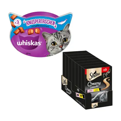 15% taniej! Whiskas Temptations, chrupiące poduszeczki, 2 x 180 g + Sheba Creamy Snacks, 9 x 12 