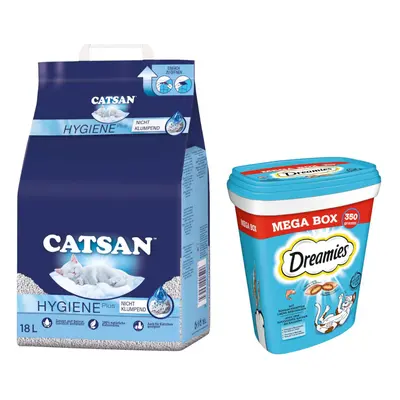 15% taniej! 18 l Catsan żwirek higieniczny + Dreamies Megatub przysmaki dla kota, 2 x 350 g - 18