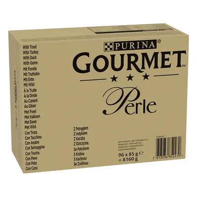 Megapakiet Gourmet Perle, w sosie, 96 x 85 g - Pstrąg, indyk, kaczka, dziczyzna w galarecie