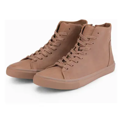 Wysokie męskie trampki z matową fakturą i wytłaczanym logo – jasnobrązowe V3 - Rozmiar: 44