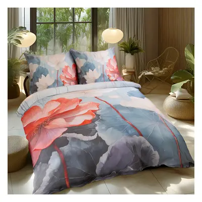 Pościel 180x200 satyna 3D szara Premium Czerwony Kwiat Darymex