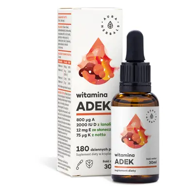 Witamina ADEK, A + D3 2000 IU + E + K2 w kroplach Aura Herbals, 30 ml