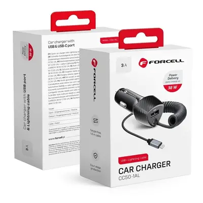 FORCELL CARBON ładowarka samochodowa USB QC 3.0 18W + kabel do Apple Lightning 8-pin PD20W CC50-