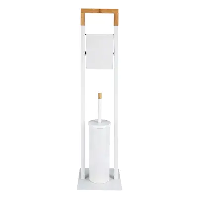 Stojak na papier toaletowy, szczotka wc, metal, bambus, 76 cm, biały