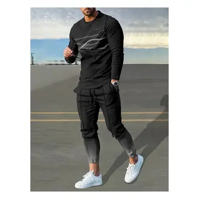 Black Gradient Lines Print Long Sleeve T-Shirt And Pants