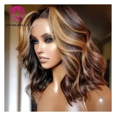 Highlight HD Wigs Human Hair Lace Front Shoulder Length Piano Color Curly Bob Wig Highlight Body