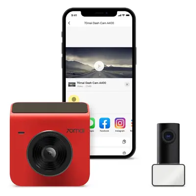 70mai Dash Cam A400, Red, Front and Rear 2K QHD, 2" LCD, Built in WiFi, Parking Monitor, 145° Wi