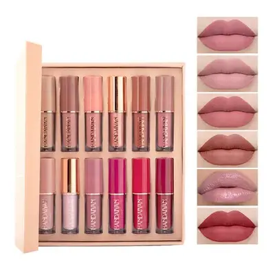 HANDAIYAN 12 Color Book Lip Gloss Set  Matte Shimmer Non-Sticky Cup Lip Glaze Lipstick