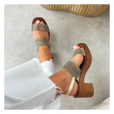 Złote wąż sandały damskie na obcasie M.Daszyński