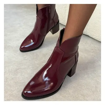 Bordowe lakierowane botki damskie na obcasie M.Daszyński 2337-13