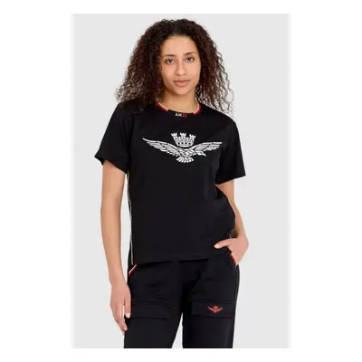 AERONAUTICA MILITARE Czarny luźny t-shirt damski z wypukłym orłem Comfort Fit