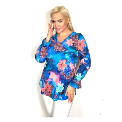 Elegancka niebieska bluzka w różowe kwiatki PLUS SIZE XXL