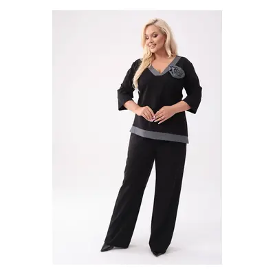 Elegancki czarny komplet Adriana - bluzka + długie spodnie PLUS SIZE OVERSIZE