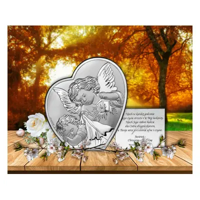 Obrazek srebrny aniołek nad dzieciątkiem 12*14 cm