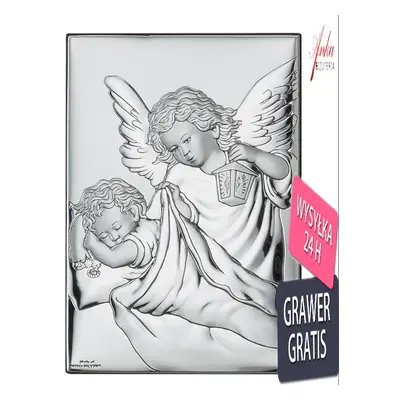 Srebrny obrazek aniołek z latarenką nad dzieckiem 7* 9 cm - z modlitwą  z tyłu obrazka